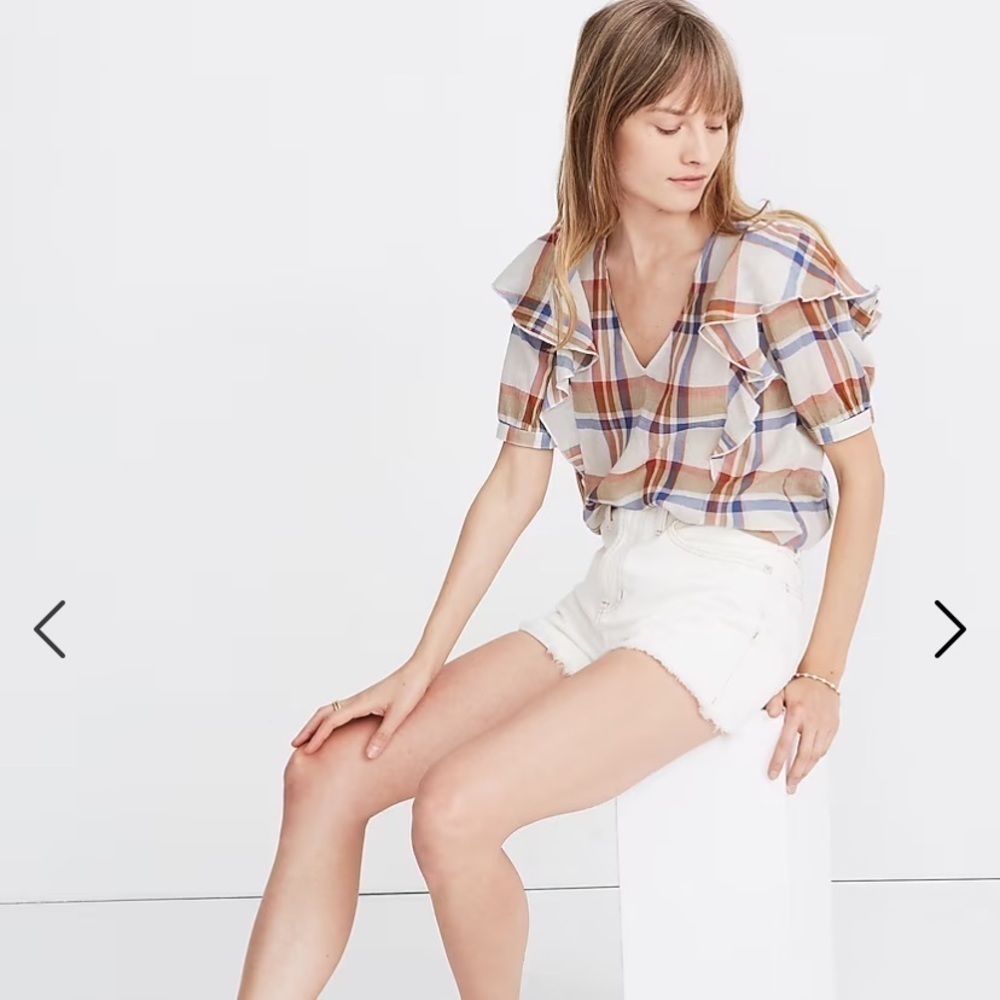Madewell V-Neck Shoulder-Ruffle Top in Plaid Checkered Gauzey Blouse Size Small